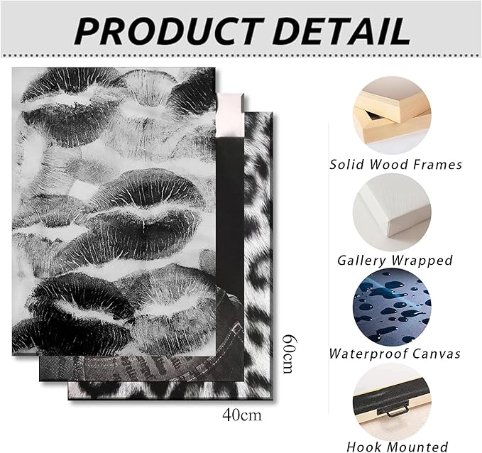 DULASI Set of 3 Fashion Chic Wall Art Kiss Lips Poster Leopard Picture Wall Decor Trendy Y2k Print Black and White Aesthetic Girly Room Decor for Bedroom Living Room Dorm Home Decoration 16"x24"