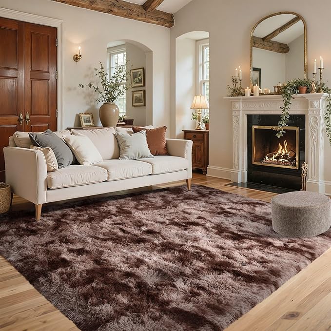 Brown Rugs for Bedroom 4x6 Fluffy Fur Living Room Area Rug, Rustic Plush Non-Slip Dark Carpet for Book Room Office,Coffee Stain Resistant