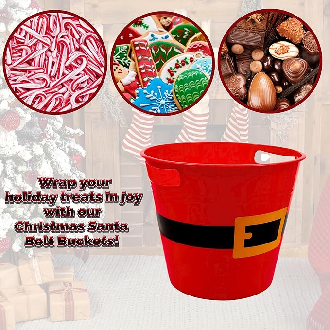 3-Pack Christmas Santa Belt Buckets, 7.95in. x 8.32in. Holiday Gift Red Pail Basket with Handles Party Favor Stackable Containers Goodie Bags Treat Holders Christmas Décor Craft Decorative Storage