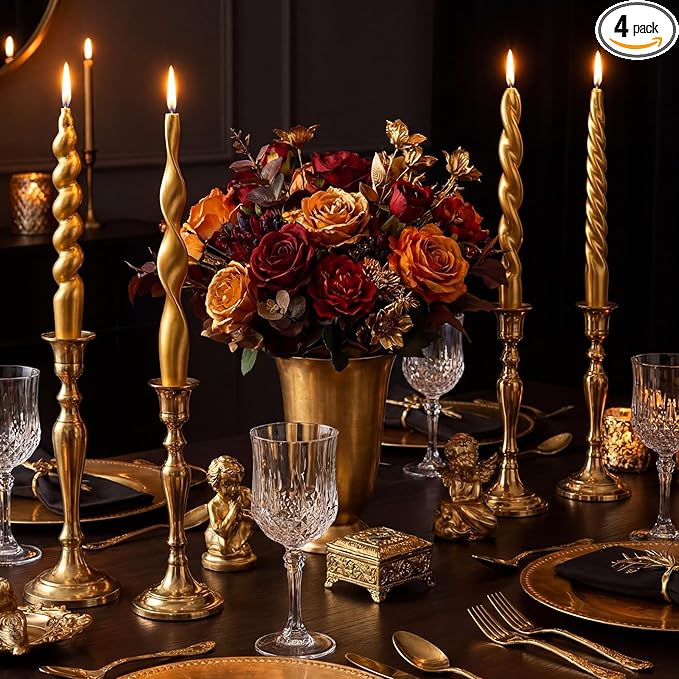 Nuanchu 4 Pcs Twisted Taper Candles Wax Unscented Smokeless Spiral Swirl Candlesticks for Wedding Holiday Dinner Party Home Decorations(7.87 Inch,Pure,Golden)