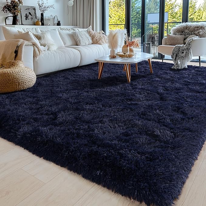 Area Rugs 9x12 for Living Room, Ultra Soft Fluffy Rugs for Bedroom, Non-Slip Furry Large Rug for Teen Girls and Boys,Nursery Kids Room Dorm Home Decor, High Pile Plush Floor Carpet, Dark Blue