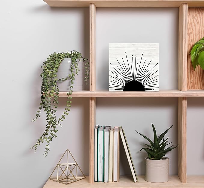 SRADMO Abstract Boho Black Sun Sunrise Sunset Sunshine Sunray Rustic Wood Box Sign Desk Decor Boho Mid Century Modern Art Wooden Block Box Sign Decoration For Home Wall Shelf Table Office Decor
