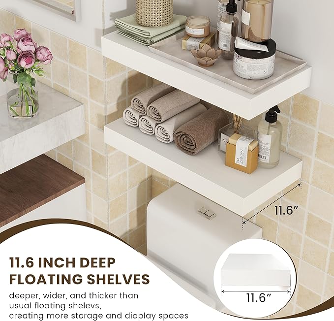 FLYJOE Deep Floating Shelves | 24 Inch White Floating Shelves Set of 2 | 12 Inch Deep Rustic Wood Shelves for Wall | 24" W x 12" D White Shelves for Living Room Bathroom Laundry Room Kitchen