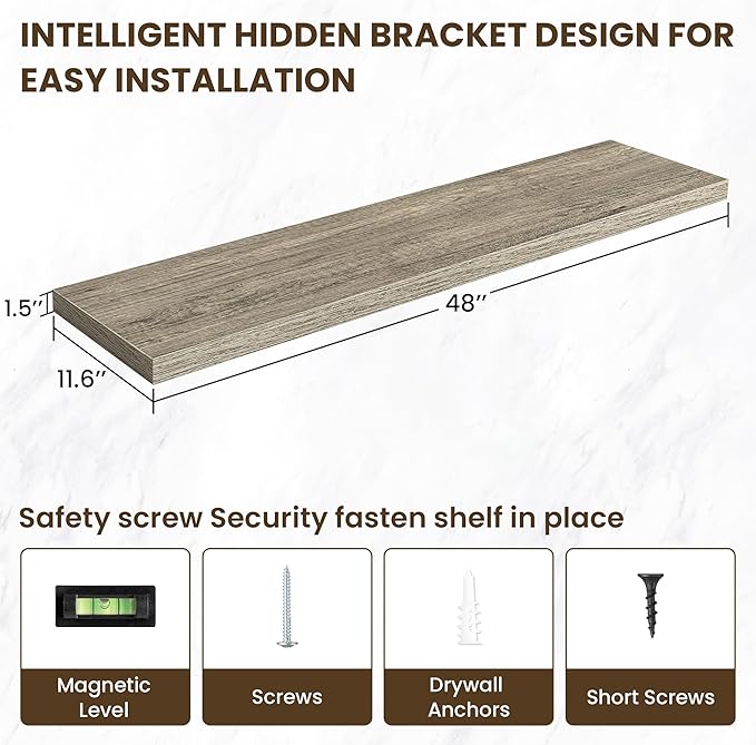 Acovy 48 Inch Floating Shelves, 12 Inch Deep Floating Shelves for Wall, Floating Shelf with Invisible Brackets, 12 inch Deep Wall Shelves for Bathroom, Bedroom, Living Room, Vintage Gray Oak