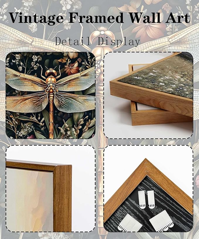 Framed Vintage Botanical Dragonfly Wall Art Dark Green Gothic Nature Dragonfly Flowers Wall Decor Pictures for Living Room Bedroom Home Decoration 12x16in