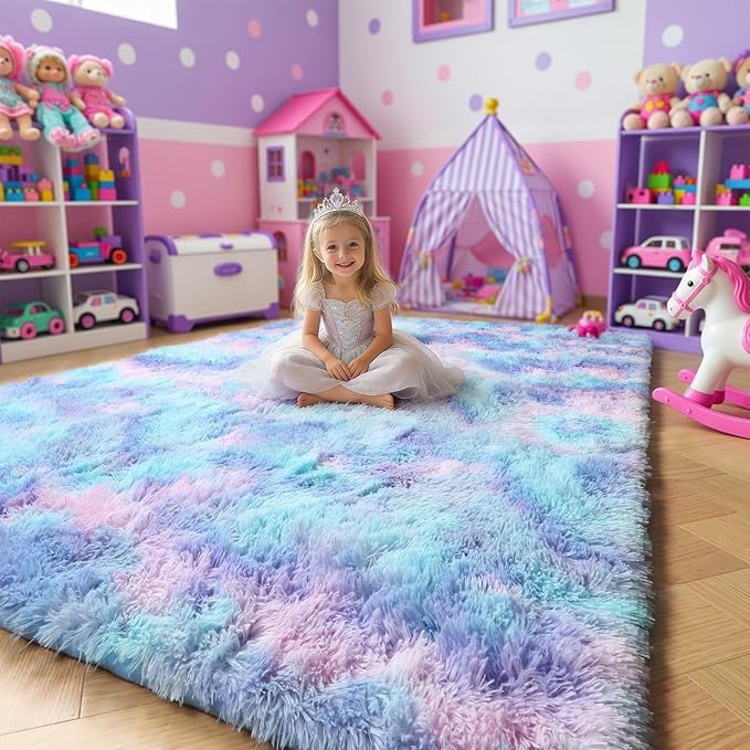 Amdrebio Blue Purple Rainbow Mermaid Rugs for Bedroom Girls Room Decor Aesthetic, 5x8 Fluffy Kawaii Area Rugs for Kids Room Nursery Dorm, Stitch Frozen Fuzzy Carpet, Cute Plush Furry Baby Toddler Rug