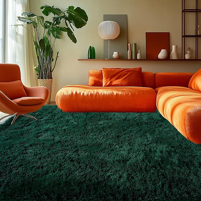 Fluffyrug Green Rugs for Living Room 5x8: Dark Green Shag for Bedroom-Large Fuzzy Plush Soft Carpets, Shaggy Area Rugs for Living Room, Carpet for Kids Boys Girls Dorm Home Decor Aesthetic