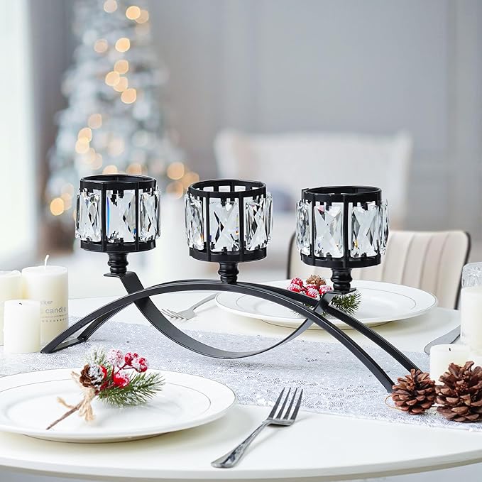 Black 3-Arm Crystal Candle Holders Arched - Elegant Tabletop Candelabra Centerpiece for Weddings, Dining Room Decor, Modern Home & Cabinet Display for & Housewarming
