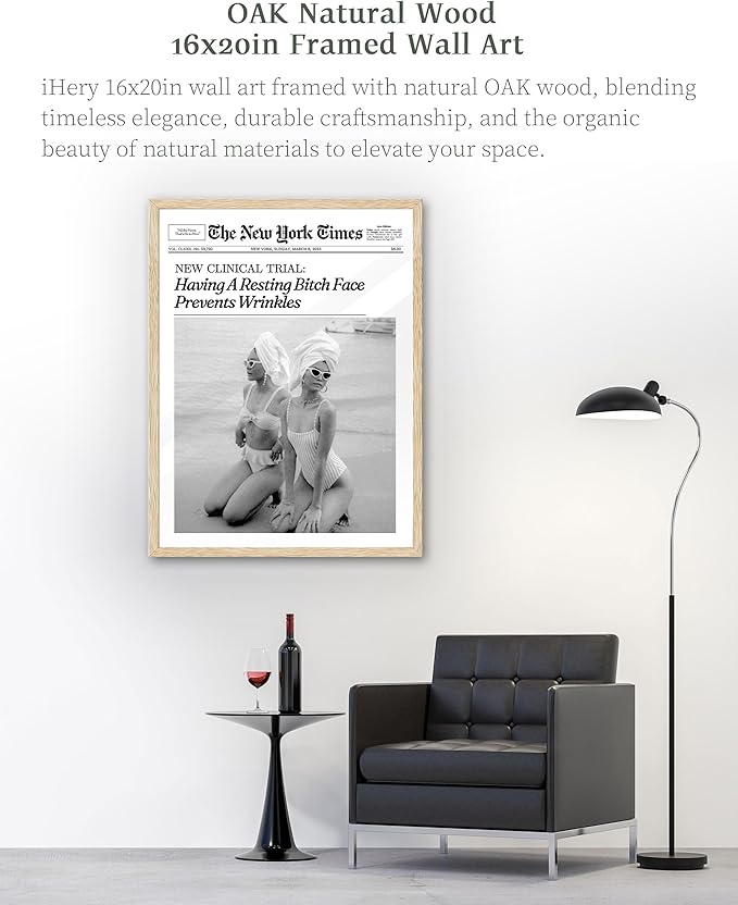 iHery Having A Resting Face Prevents Wrinkles Framed Trendy Hot Girls NewsPaper Wall Art, Natural OAK Wood Large 16x20in Canvas Wall Decor,Retro Magazine Vintage Bar Cart Living Room 1Pack