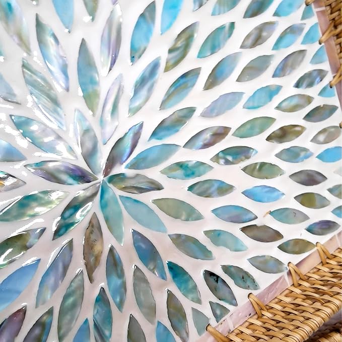 i-lan Set of 3 15" Rectangular Rattan and Blue Mother of Pearl Serving Tray,Boho Rectangule Natural Rattan Woven Trays,Natural Wicker Decorative Serving Baskets for Entryway Kitchen Bathroom Counter