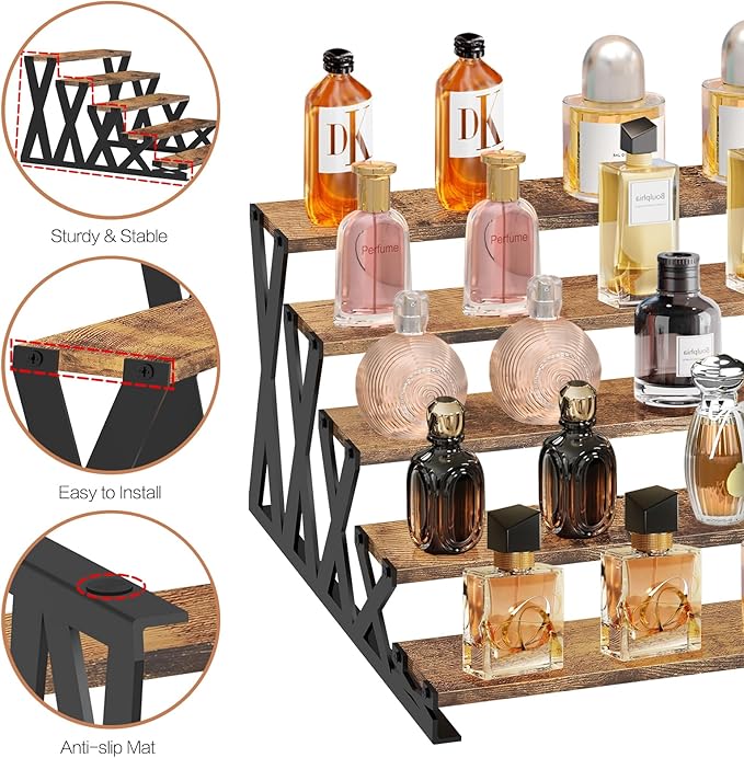 KALYLOC 5 Tier Wooden Display Riser Stand 13.8 Inch Metal Step Perfume Stand Organizer Tabletop Tiered Display Shelf Rack for Cologne Cupcake Spice Figures Cosmetics Candles (Brown, X-Shape)