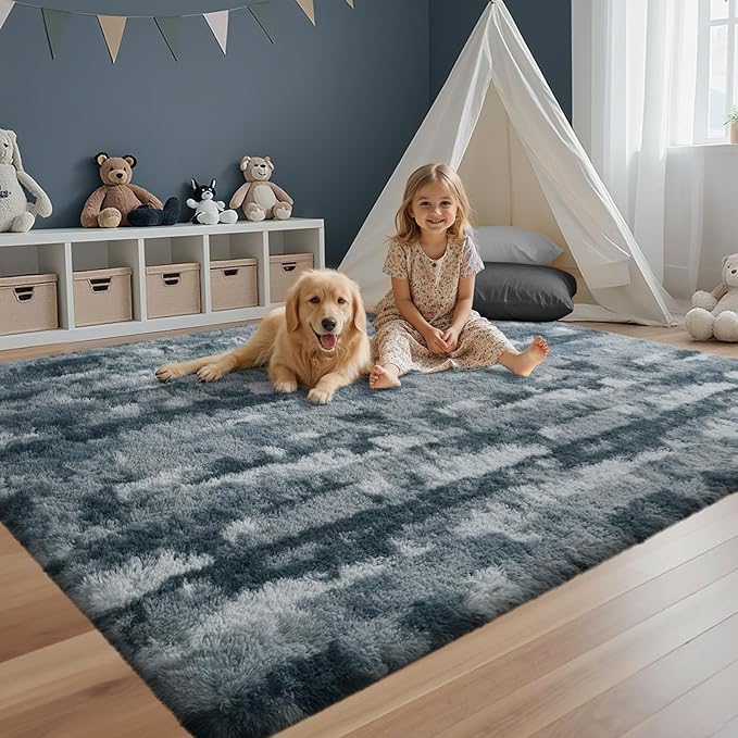 4x6 Feet Area Rugs for Bedroom, Grey and Blue Plush Fluffy Shaggy Living Room Rugs Non-Slip, Ultra Soft Carpet for Nursery Kids PlayRoom Dorm Office Indoor