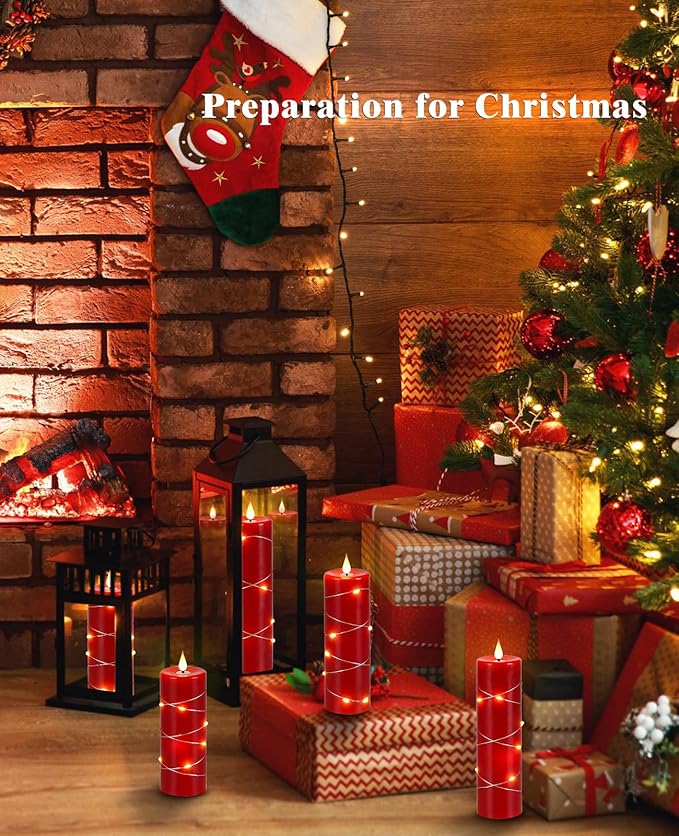 Upinmz Red Flameless Candle with Remote Control and Timer,Flickering Battery Operated Candles with String Lights,LED Pillar Candles,Set of 5