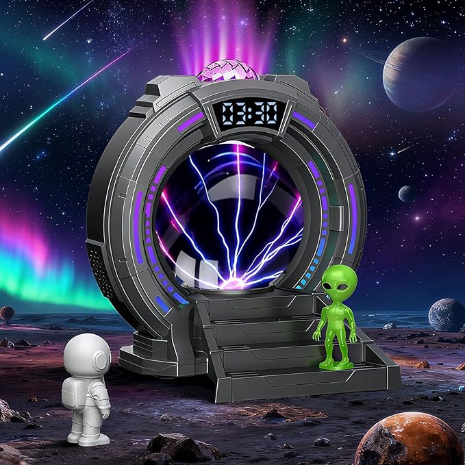 Flumy Galaxy Northern Lights Projector, Plasma Globe Lamp Aurora Projector for Kids with White Noise Alarm Clock, Boys Room Decor with Music, Ideal Gifts for Sci-Fi Fans