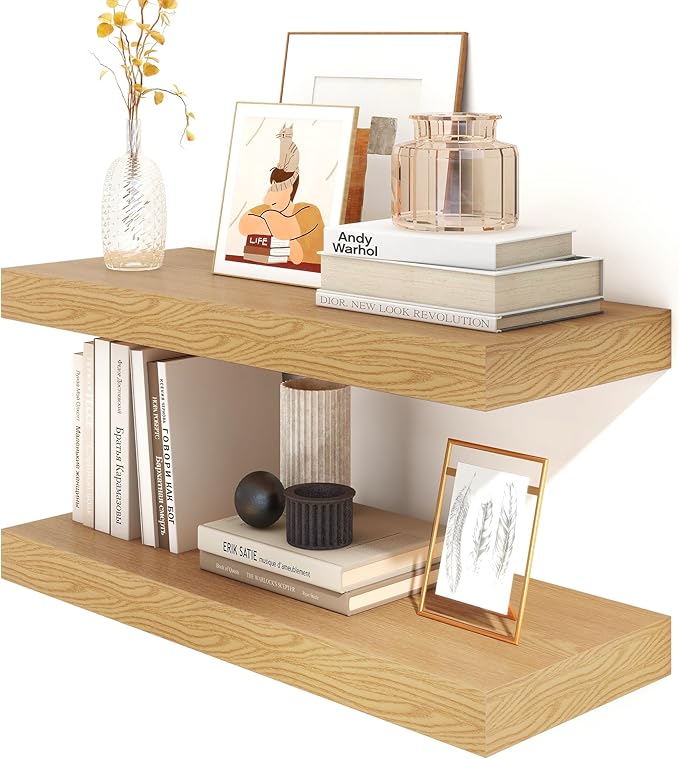 FLYJOE 30 Inch Floating Shelves | 12 Inch Deep Oak Floating Shelves Set of 2 | 30" W x 12" D Rustic Wood Shelves for Wall | Deep Oak Shelves for Living Room Bathroom Laundry Room Kitchen