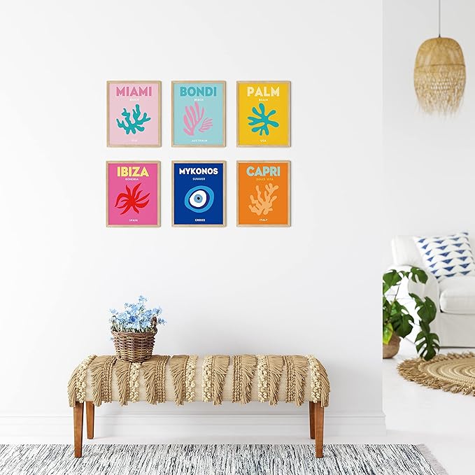 TwoDays Preppy Room Décor Aesthetic - Preppy Posters, Teen Girl Room Wall Art, Travel Prints & Aesthetic Designs (8" x 10", Set of 6, Wooden Framed)