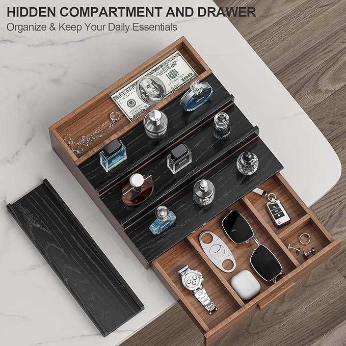 Solid Walnut Cologne Organizer for Men,Cologne Stand,4 Tier Wooden Cologne Holder Shelf Display,Perfume Stand Organizer with Drawer Storage and Hidden Compartment,Gift for Men Dad Husband