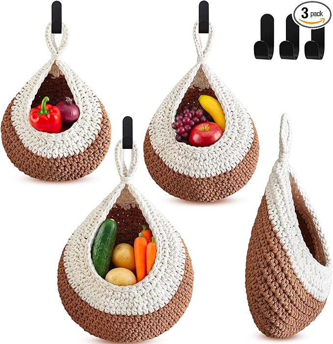 Honeydak Boho Decor Hanging Wall Baskets for Kitchen 3 Pack Teardrop Baskets with Hooks Storage Fruit Onion Vegetable Potato for Home 3 Sizes(White and Beige,Teardrop,Cotton Rope)
