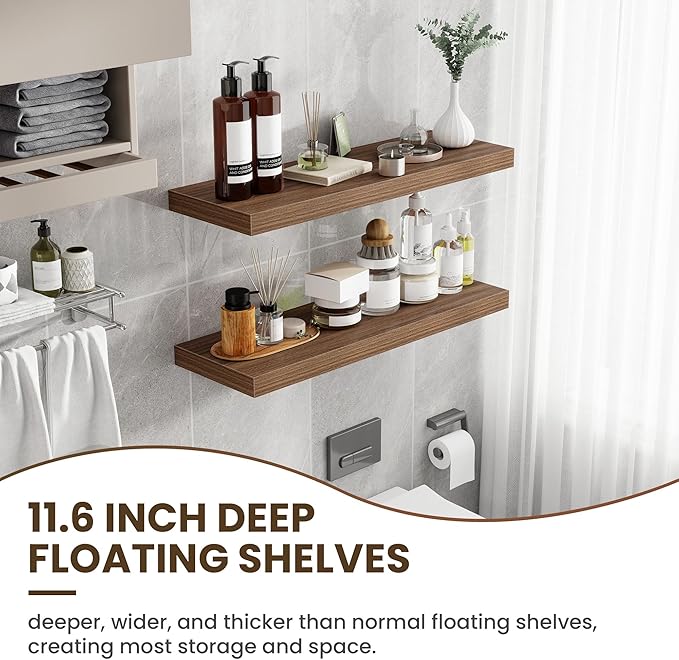Acovy 36 Inch Floating Shelves, 12 Inch Deep Floating Shelves for Wall, Floating Shelf with Invisible Brackets, Deep Shelves for Bathroom, Bedroom, Living Room, 2 Pack, Walnut