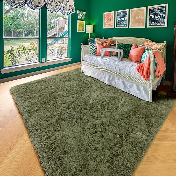 Amdrebio Olive Green Area Rugs for Bedroom Living Room, 6x9 Large Fluffy Plush Shaggy Rugs for Girls Boys Kids Room Decor, Soft Fuzzy Furry Modern Cool Carpet for Classroom Nursery Playroom Apartment