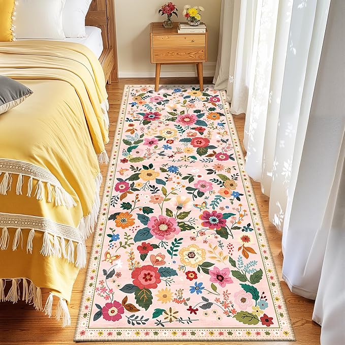 RELEANY Floral 2x6 Area Rug Machine Washable Soft Print Boho Carpet Non Slip Doormat Low Pile Flower Area Rugs for Living Room Bedroom Nursery Kitchen Dining Room Indoor-Pink