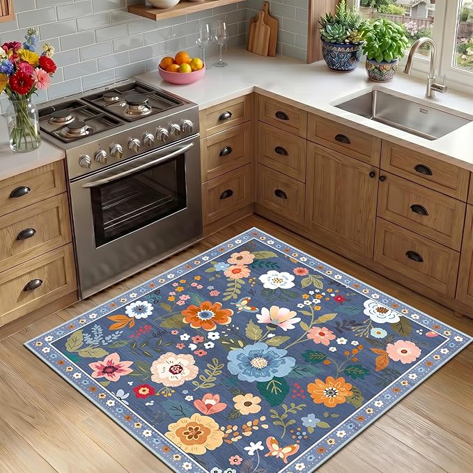 RELEANY Floral Nursery Square 4ft Area Rugs Washable Print Boho Cute Carpet Non Slip Flower Low Pile for Living Room Kids Girls Playroom Bedroom Kitchen Office Farmhouse-Blue/Grey