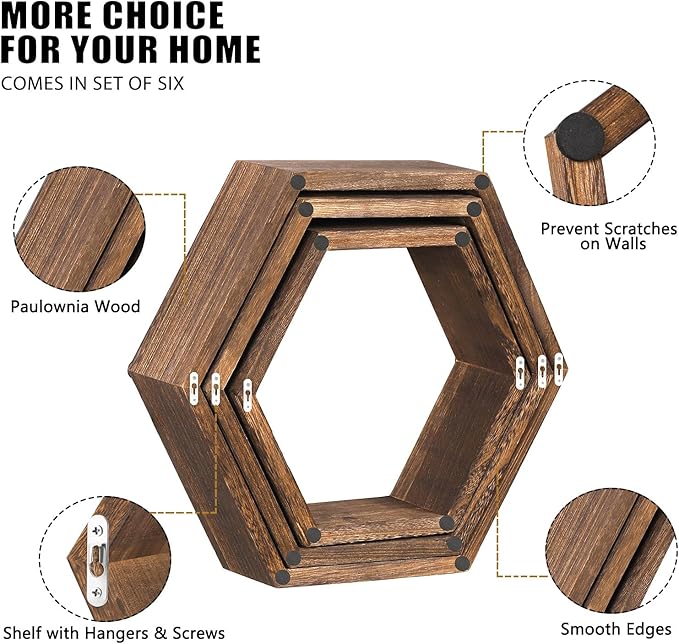 NOVIMANGO Hexagon Floating Shelves Set of 6 Honeycomb Shelves for Wall Wood Farmhouse Storage Home Decor Shelf Wall Mounted Wooden Hexagonal Shelves for Bedroom Living Room Nursery, Rustic Brown