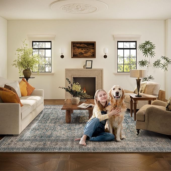 Machine Washable Living Room Rug: 5x7 Area Rugs for Bedroom Vintage Stain Resistant Non Slip Low Pile Lightweight Boho Carpet for Kitchen Dining Room Farmhouse Kids Room Nursery