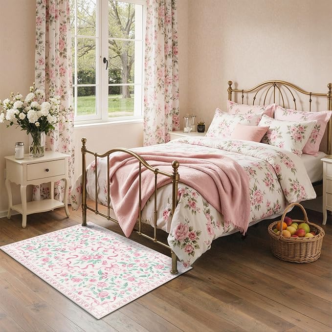 GENIMO 3X5 Washable Vintage Area Rugs for Living Room, Non-Slip Low Pile Chenille Print Rug, Soft Rugs for Bedroom Dining Room Home Office, Pastel Pink