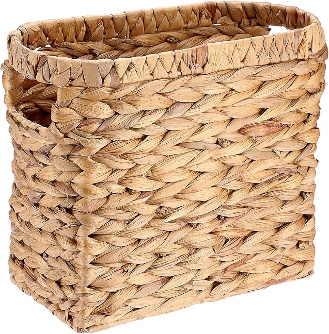 BTSKY Woven Magazine Holder, Water Hyacinth Magazine Basket, Natural Narrow Storage Basket Bin for Books & Files, Magazine Rack with Built-in-Handle for Home, Office & Desk - 11.4x5.9x10.6 Inch