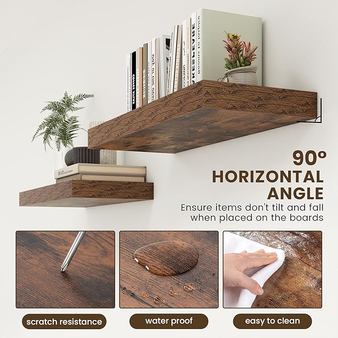 FLYJOE 30 Inch Floating Shelves | 12 Inch Deep Brown Floating Shelves | 30" W x 12" D Rustic Wood Shelves for Wall | Deep Brown Shelves for Living Room Bathroom Laundry Room Kitchen