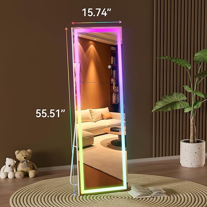 Hasipu 56"x16" LED RGB Bluetooth Full Length Mirror with Lights, Full Body Mirror with Stand, Wall Mount & Free Standing Floor Mirror for Bedroom Living Room Cloakroom, 7 Color & Brightness Adjustable