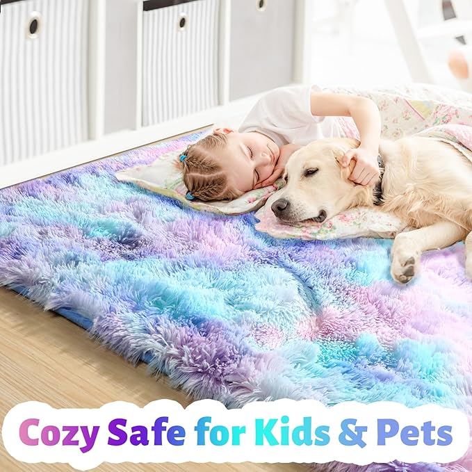 Amdrebio Purple Rainbow Mermaid Area Rugs 9x12 for Girls Bedroom Decor Aesthetic, Plush Fluffy Kawaii Large Big Rugs for Kids Room Nursery Playroom, Cute Stitch Frozen Fuzzy Furry Baby Toddler Carpet