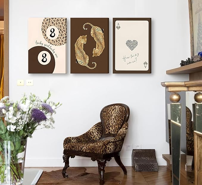 3pcs Framed Trendy Leopard Canvas Wall Art Funky Lucky 8 Ball Posters Prints Preppy Room Aesthetic brown Cheetah Prints Wall Decor Pictures for living room Bedroom Dorm Apartment