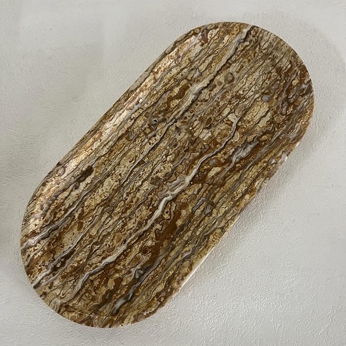 Natural Marble Oval Tray Ornaments Vintage Small Tray Storage Dish for Counter, Vanity, Dresser, Nightstand and Desk (Brown)