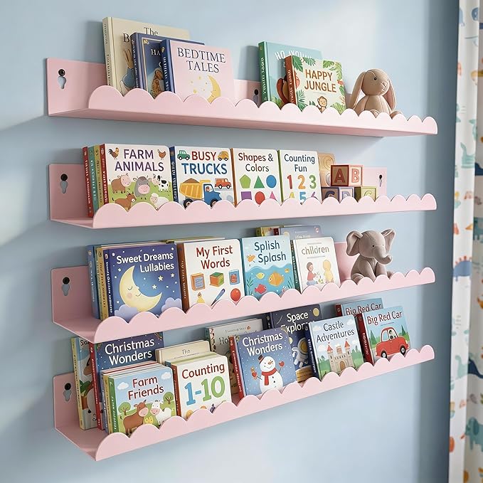 24 Inch Nursery Book Shelves Set of 4, Pink Metal Floating Shelves for Wall, Scalloped Cloud Book Shelf for Kids Room, Bathroom, Bedroom, Playroom Wall Decor & Storage