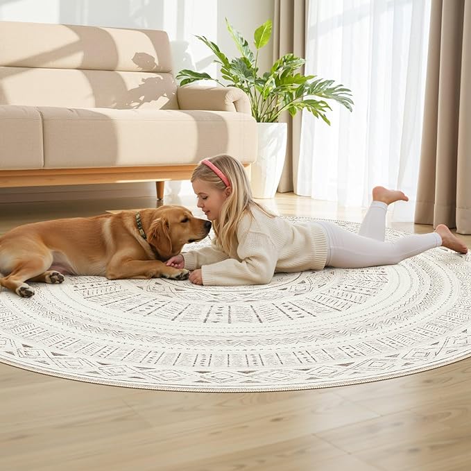 cotiled 6x6 Round Area Rug Living Room: Washable Boho Rugs with Non Slip Backing Large Soft Indoor Stain Resistant Carpet for Bedroom Farmhouse Dining Room Lightweight Home Decor L Brown/Cream