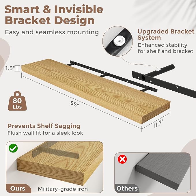 55 Inch Floating Shelves for Wall with Invisible Brackets Set of 2, 12"D Engineered Wood Wall Shelves with Wood Grain for Living Room, Bedroom, Bathroom, Kitchen Decor and Storage, Oak Finish