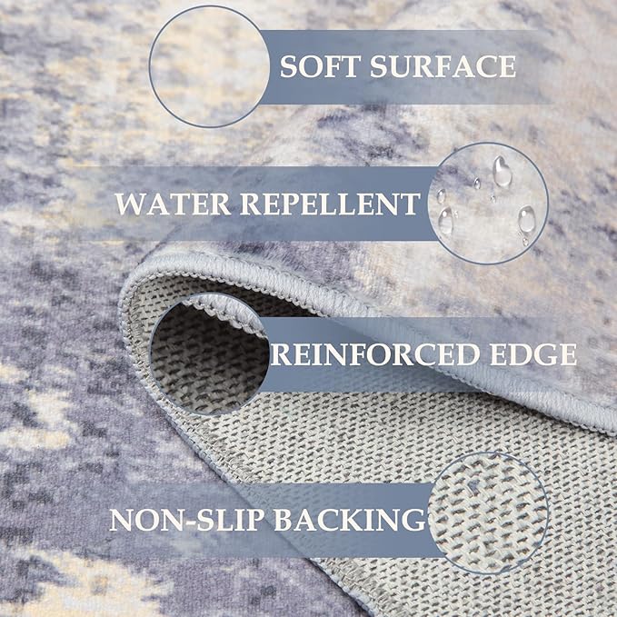 RELEANY Washable Area Rugs 5'x8' Non-Slip Modern Abstract Soft for Living Room Entryway Bedroom Nursery, Print Pattern, Purple Grey Cream Yellow
