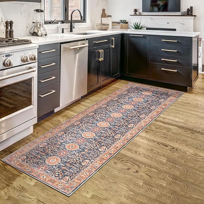 Goideal Washable Runner Rug 2x6, Vintage Rugs Non Slip, Indoor Low Pile Carpet with Rubber Backing for Kitchen Bathroom Entryway Office Bedroom,Navy Blue & Orange