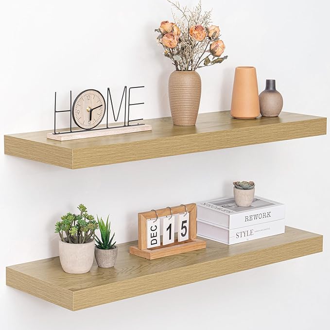 Acovy 36 Inch Floating Shelves, 12" Deep Floating Shelf Wall Mounted, 36" Wall Shelves, Rustic Deep Bookshelf, Extra Deeper & Thicker Display Shelves for Bedroom, Living Room, Oak, Set of 2