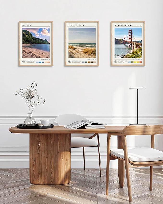 HesenDot Natural OAK Wood Lake Michigan Framed Wall Art,12x16in Natural Scenery Canvas Wall Print,Classic Urban City Landmark Wall Decor for Living Room,Bedroom,Office Gallery Gifts Set of 1