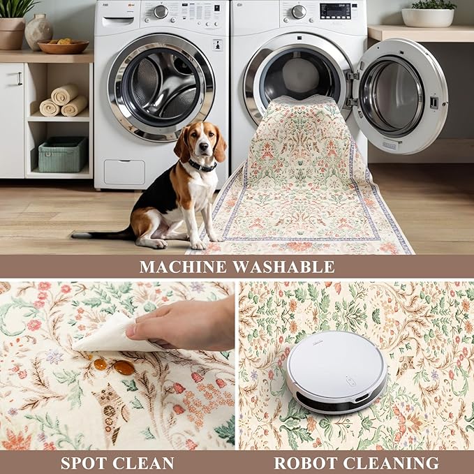 2x5 Non-Slip Washable Runner Rug –Botanical Vintage Florals Small Rug for Hallway, Kitchen, Bathroom, Bedroom, Entryway, Laundry Room – Thin Soft Low-Pile Rubber Backing (Cream, 2x5)