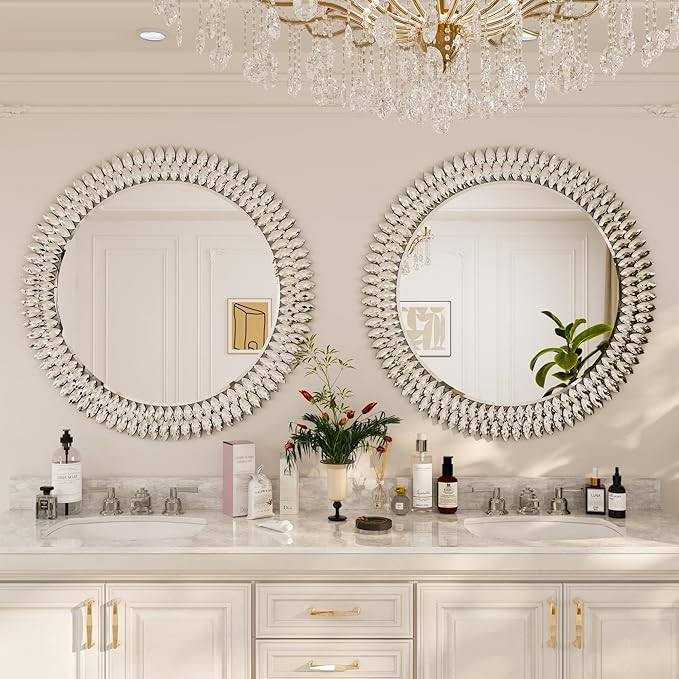 Kelly Miller 36" Large Round Jeweled Wall Mirror, Luxury Diamond Beveled Decorative Mirror for Bedroom Living Room Bathroom Hallway Entryway Fireplace