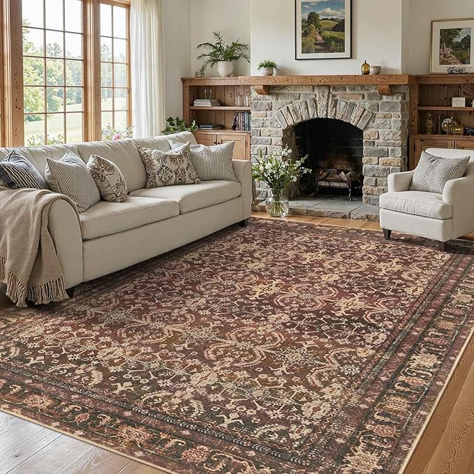 Rugxara Oriental 5x7 Area Rugs for Living Room Bedroom, Vintage Washable Christmas Rug, Red Boho Area Rug, Non Slip & Low Pile Faux Wool Carpet for Indoor Dining Room and Kids Room(Red 5x7ft)