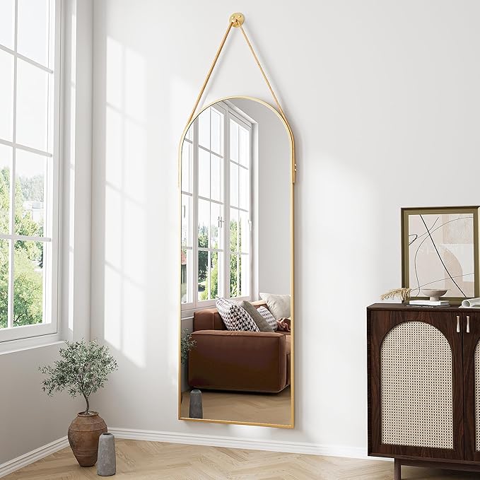 Full Length Mirror, Arched Wall Mounted Mirror, 48"x16" Door Mirrors with Hanging Leather Strap, Wall Mirrors Full Length with Aluminum Frame for Bathroom Living Room Entryway (Gold)