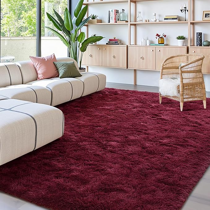 FinRèc 6x9 Feet Red Rug for Living Room Bedroom, Fluffy Shag Area Rug, Non-Slip Plush Fuzzy Rugs for Nursery Kids Room Dorm Room Home Decor, Indoor Furry Floor Carpet