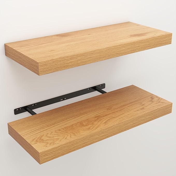 Floating Shelves for Wall, 9.3" Deep Wall Mounted Wood Shelves for Bathroom, Bedroom, Living Room, Kitchen, Hanging Shelf for Books/Storage/Room Decor (Oak, 24")