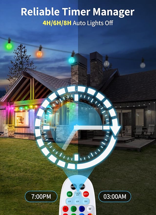 Brightown Outdoor String Lights 29 Feet G40 LED Patio Lights, 13 Plastic Multicolor Bulbs(1 Spare), Remote, Timer, Waterproof Connectable Hanging Light for Porch Balcony Party Decor, E12 Base, RGBW