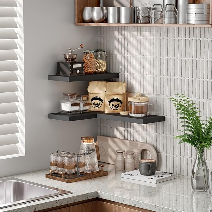 RALGEND Floating Shelves for Wall, 1.5" Thick Wall Shelf Set of 3 with Invisible Brackets, 15.7L x 7.9W Hanging Book Shelves Farmhouse Home Decor for Bathroom, Living Room, Bedroom, Black 4301BJP3BK